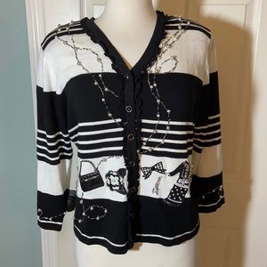 Vtg Berek beaded Shopping Print Pearls Cardigan L